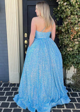 Christie | A Line/Princess Plus Size Orange Seuquin Backless One Shoulder Prom Dress - Blue - PromDressClub